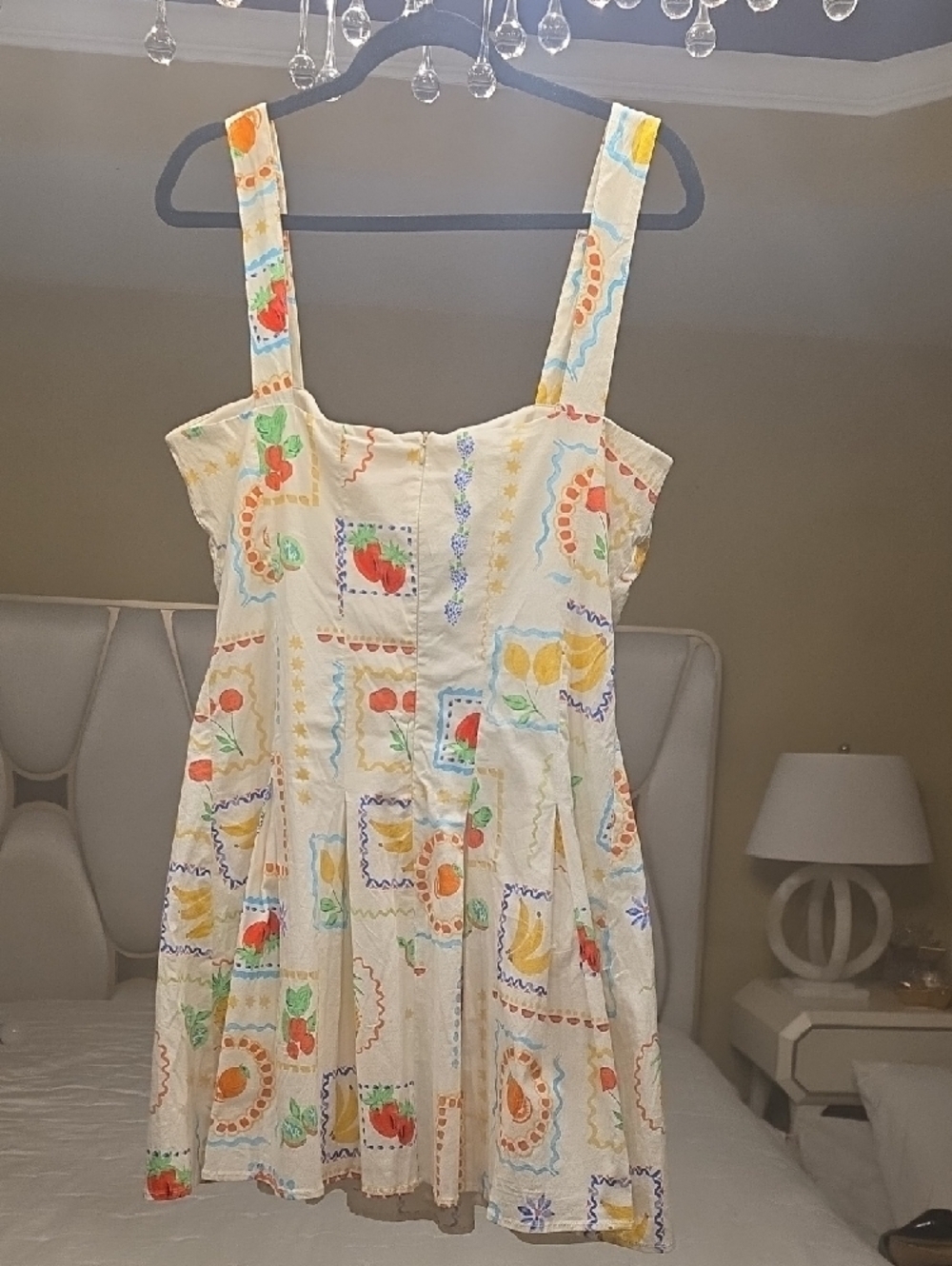 Avec Les Filles White Cotton Fruit-Print Flared Mini Dress Size 14 - Picture 7 of 16